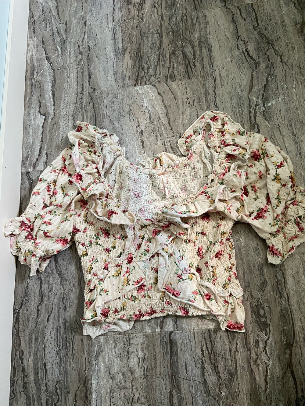 Free People Cream Floral Smocked Puff-Sleeve Top